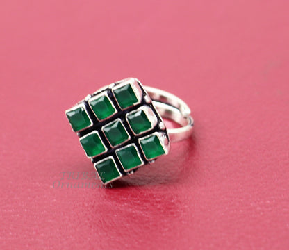 Amazing green stone Modern cultural fashionable 925 sterling silver adjustable ring, best gift for her/girls, charming jewelry india sr352 - TRIBAL ORNAMENTS