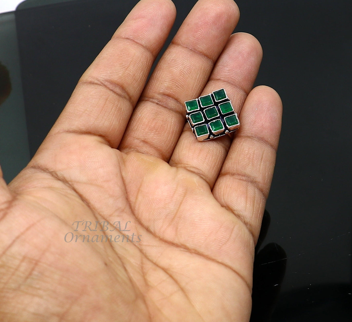 Amazing green stone Modern cultural fashionable 925 sterling silver adjustable ring, best gift for her/girls, charming jewelry india sr352 - TRIBAL ORNAMENTS