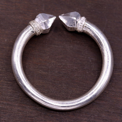Solid silver open face adjustable bangle cuff bracelet from TRIBAL ORNAMENTS, featuring a bright plain design, unisex tribal jewelry.