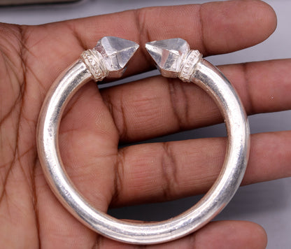 Solid silver open face adjustable bangle cuff bracelet with bright tribal design, unisex jewelry from TRIBAL ORNAMENTS.