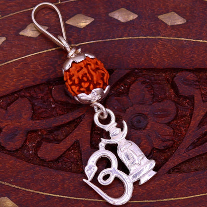 Sterling silver Aum mantra pendant with natural rudraksha beads, lightweight unisex jewelry by Tribal Ornaments.
