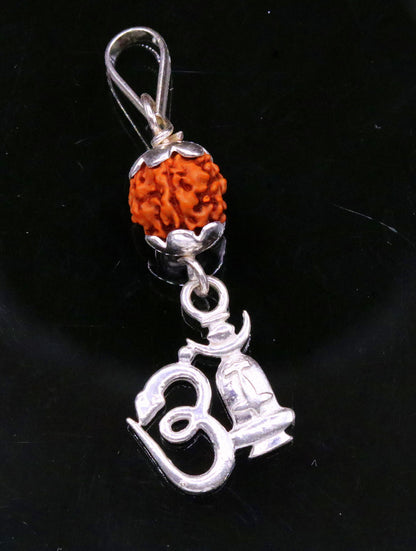 Sterling silver Aum mantra pendant with natural Rudraksha beads, lightweight unisex jewelry by Tribal Ornaments.