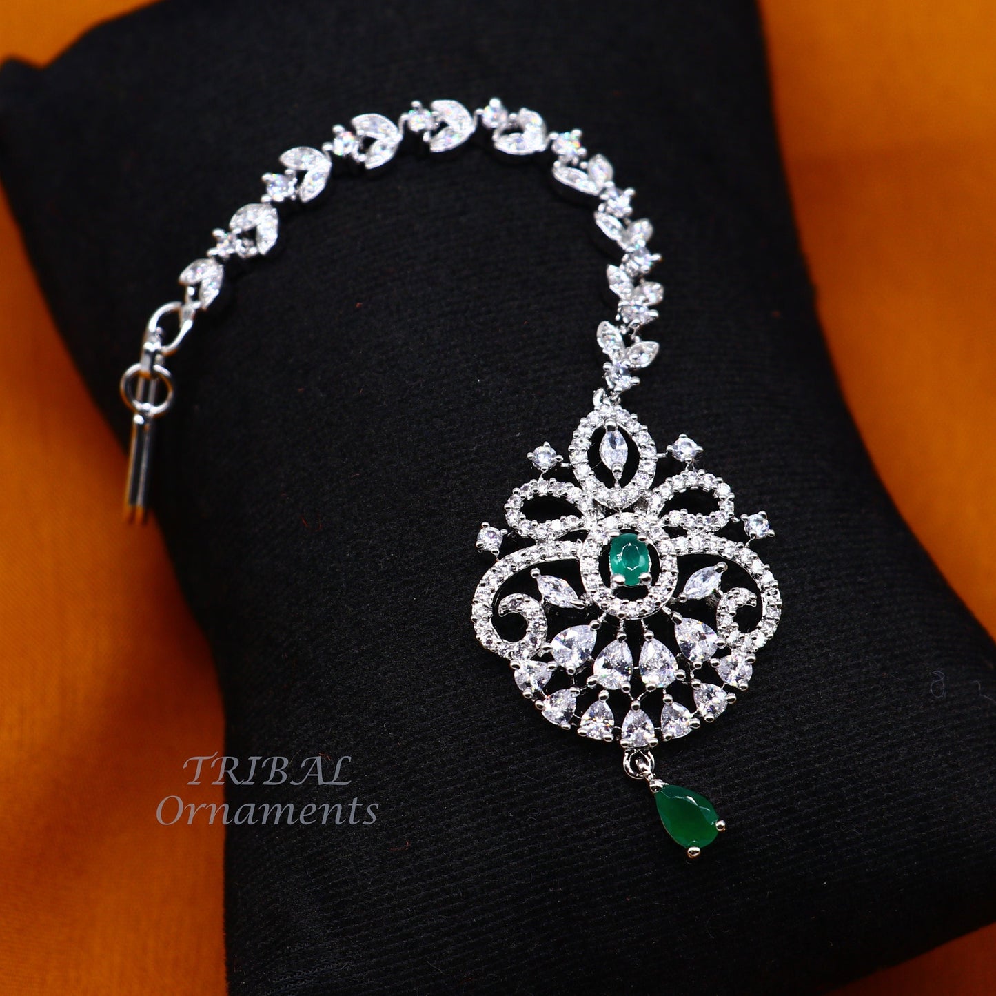 Amazing stylish fancy design 925 sterling silver head jewelry Brides Mang Tika, excellent wedding party cubic zircon stone jewelry MT05 - TRIBAL ORNAMENTS