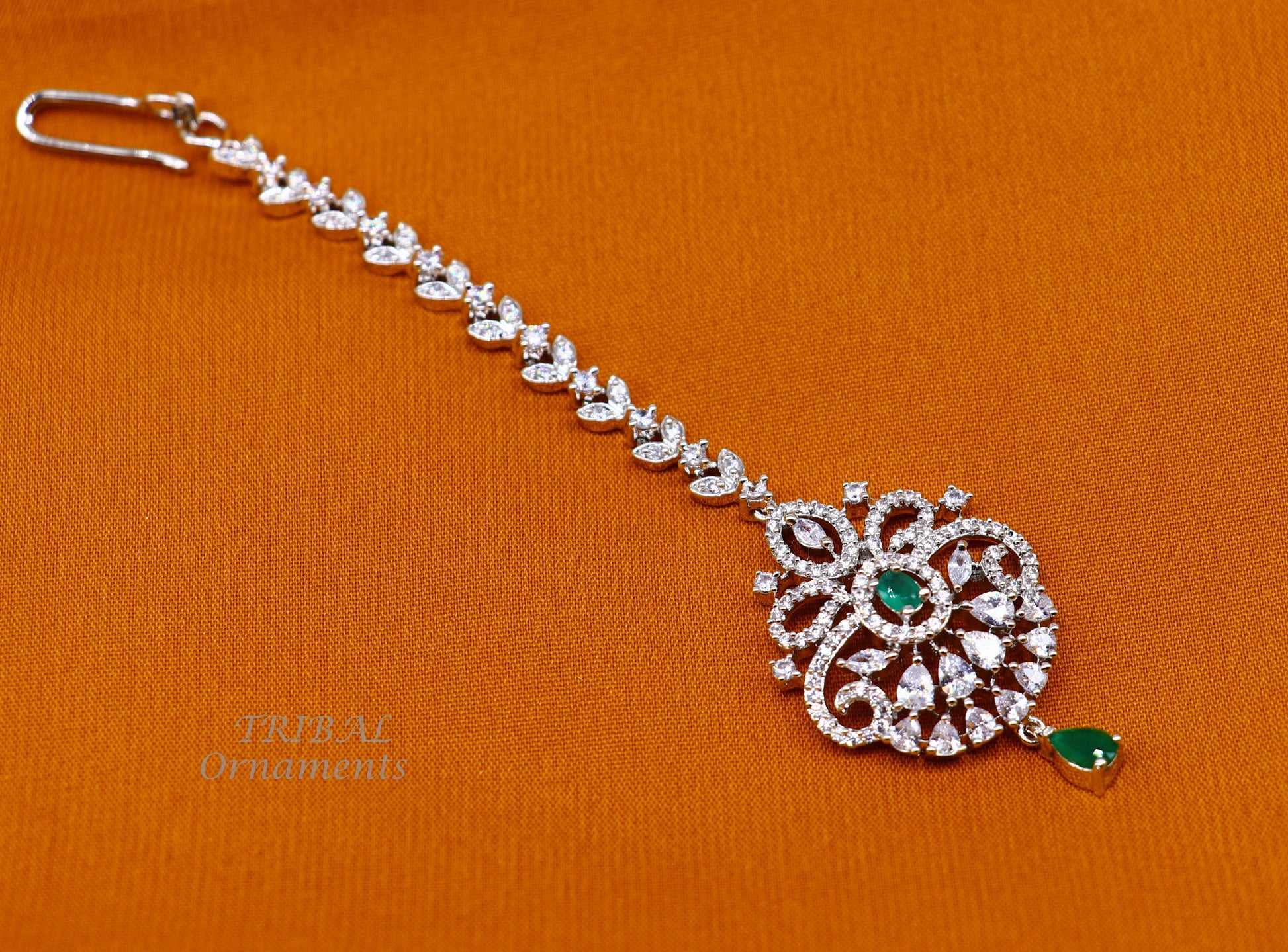 Amazing stylish fancy design 925 sterling silver head jewelry Brides Mang Tika, excellent wedding party cubic zircon stone jewelry MT05 - TRIBAL ORNAMENTS