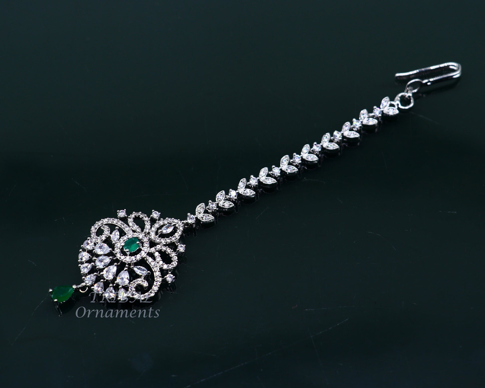 Amazing stylish fancy design 925 sterling silver head jewelry Brides Mang Tika, excellent wedding party cubic zircon stone jewelry MT05 - TRIBAL ORNAMENTS