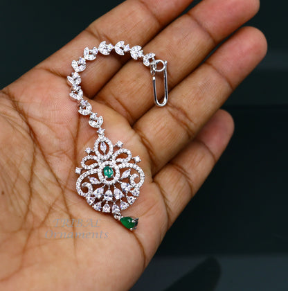 Amazing stylish fancy design 925 sterling silver head jewelry Brides Mang Tika, excellent wedding party cubic zircon stone jewelry MT05 - TRIBAL ORNAMENTS