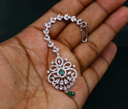 Amazing stylish fancy design 925 sterling silver head jewelry Brides Mang Tika, excellent wedding party cubic zircon stone jewelry MT05 - TRIBAL ORNAMENTS