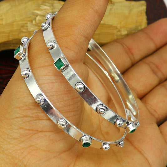 Amazing unique design handmade 925 sterling silver plain design green gemstone bangles bracelet, tribal stylish fancy jewelry nba117 - TRIBAL ORNAMENTS