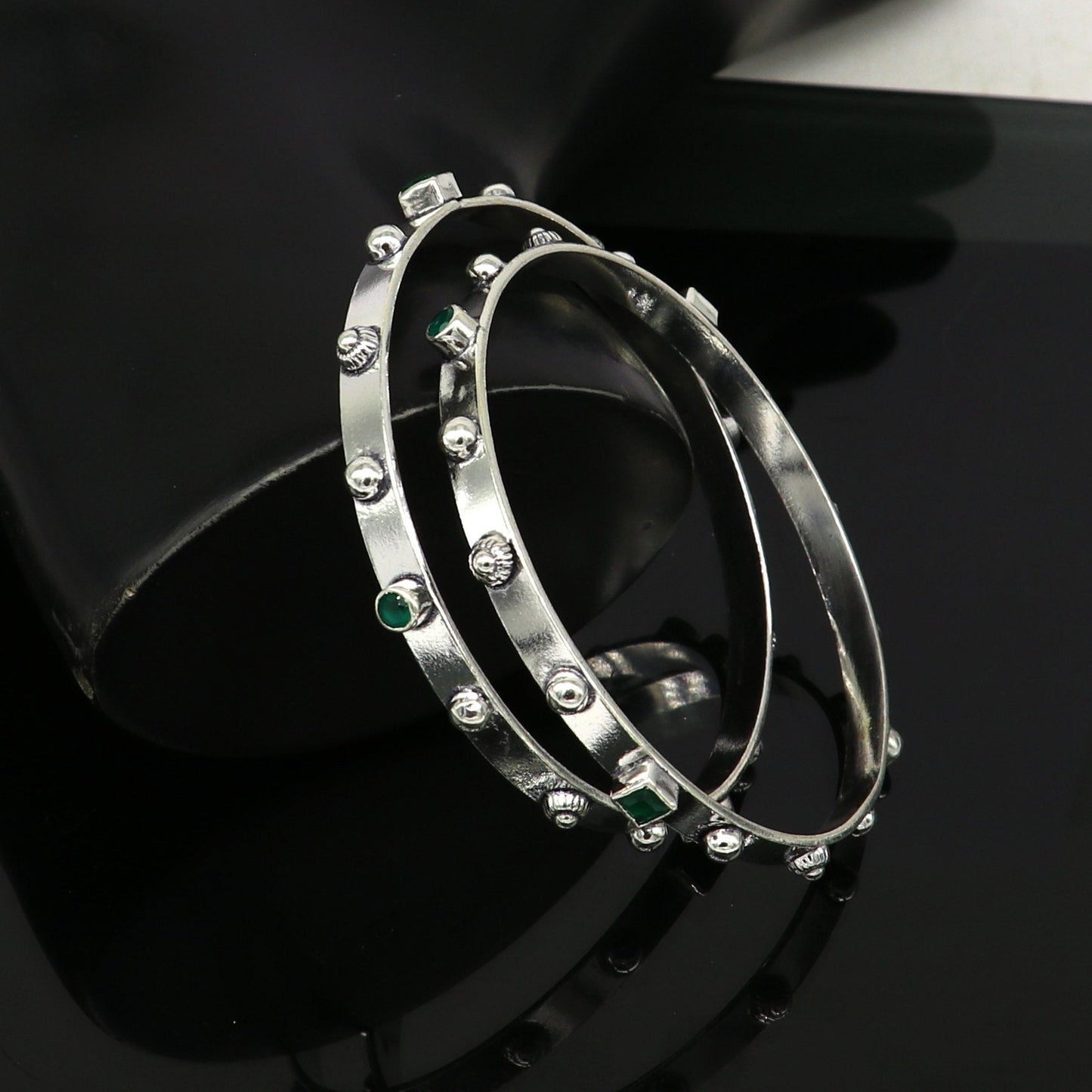 Amazing unique design handmade 925 sterling silver plain design green gemstone bangles bracelet, tribal stylish fancy jewelry nba117 - TRIBAL ORNAMENTS