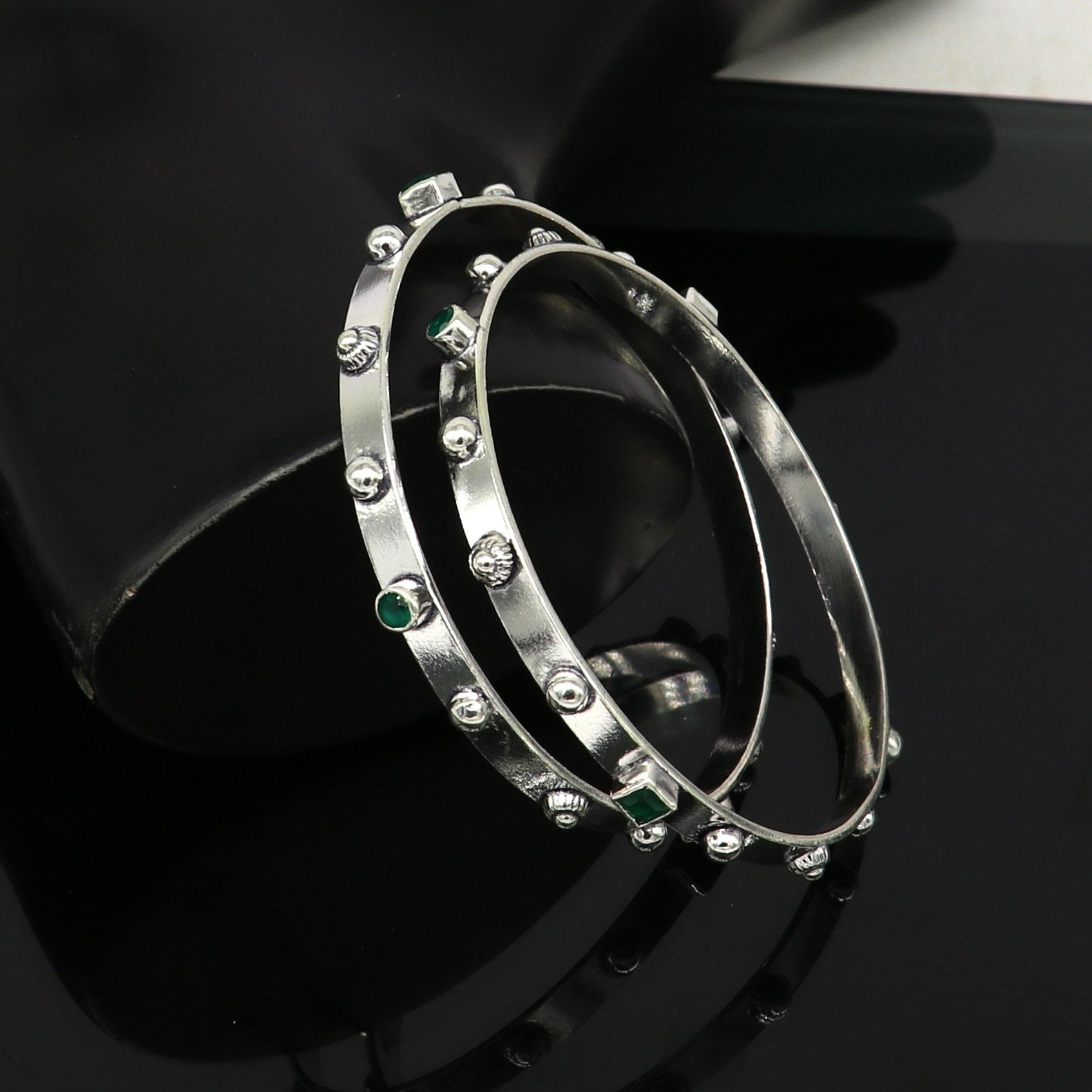 Amazing unique design handmade 925 sterling silver plain design green gemstone bangles bracelet, tribal stylish fancy jewelry nba117 - TRIBAL ORNAMENTS