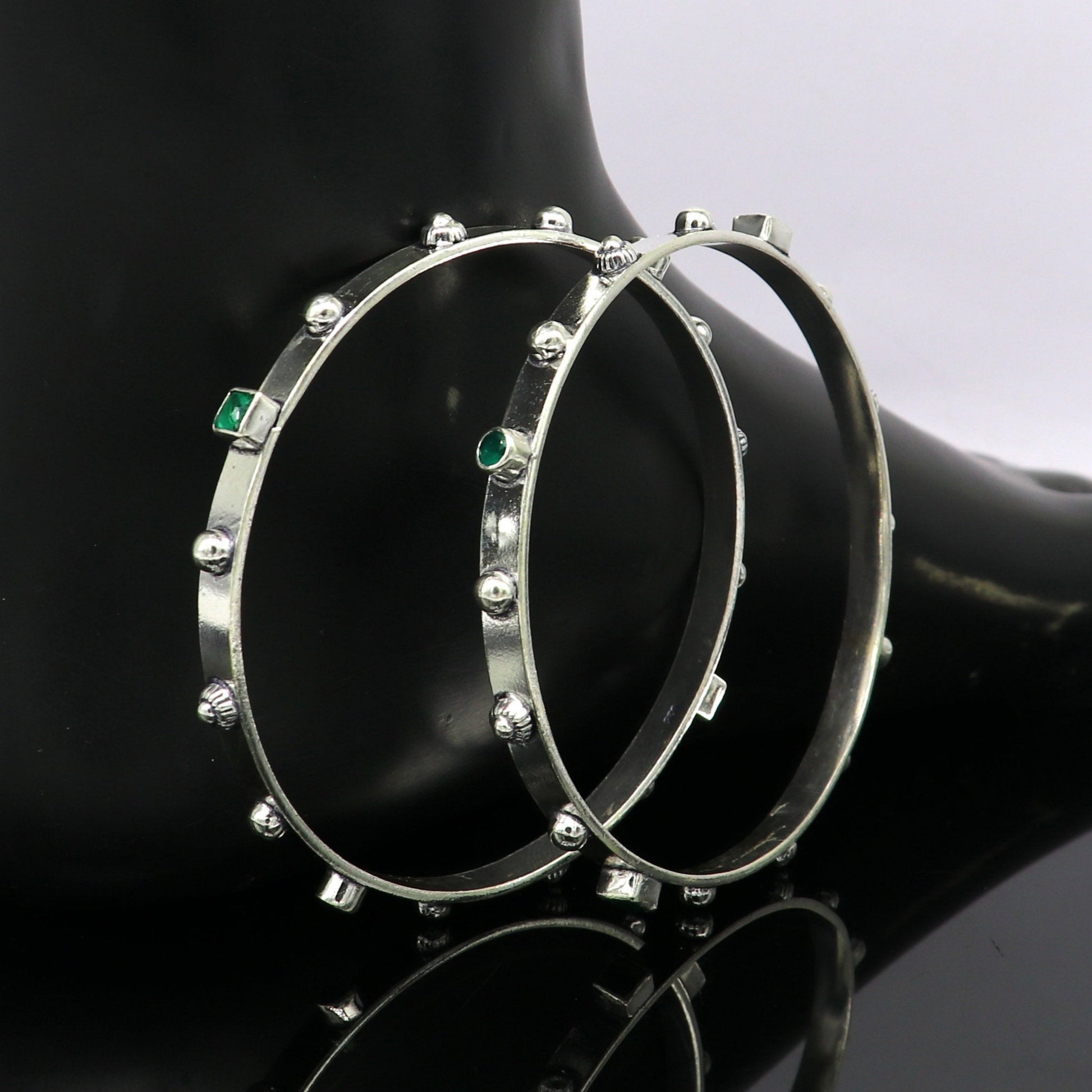 Amazing unique design handmade 925 sterling silver plain design green gemstone bangles bracelet, tribal stylish fancy jewelry nba117 - TRIBAL ORNAMENTS