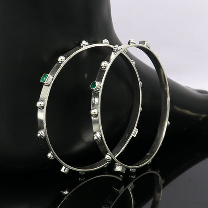 Sterling silver green gemstone bangles bracelet with tribal stylish design, handmade jewelry by Tribal Ornaments.