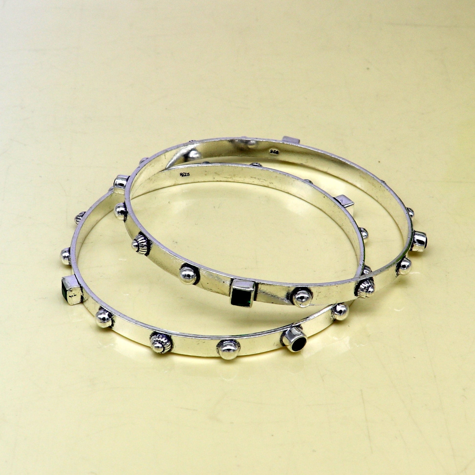 Amazing unique design handmade 925 sterling silver plain design green gemstone bangles bracelet, tribal stylish fancy jewelry nba117 - TRIBAL ORNAMENTS