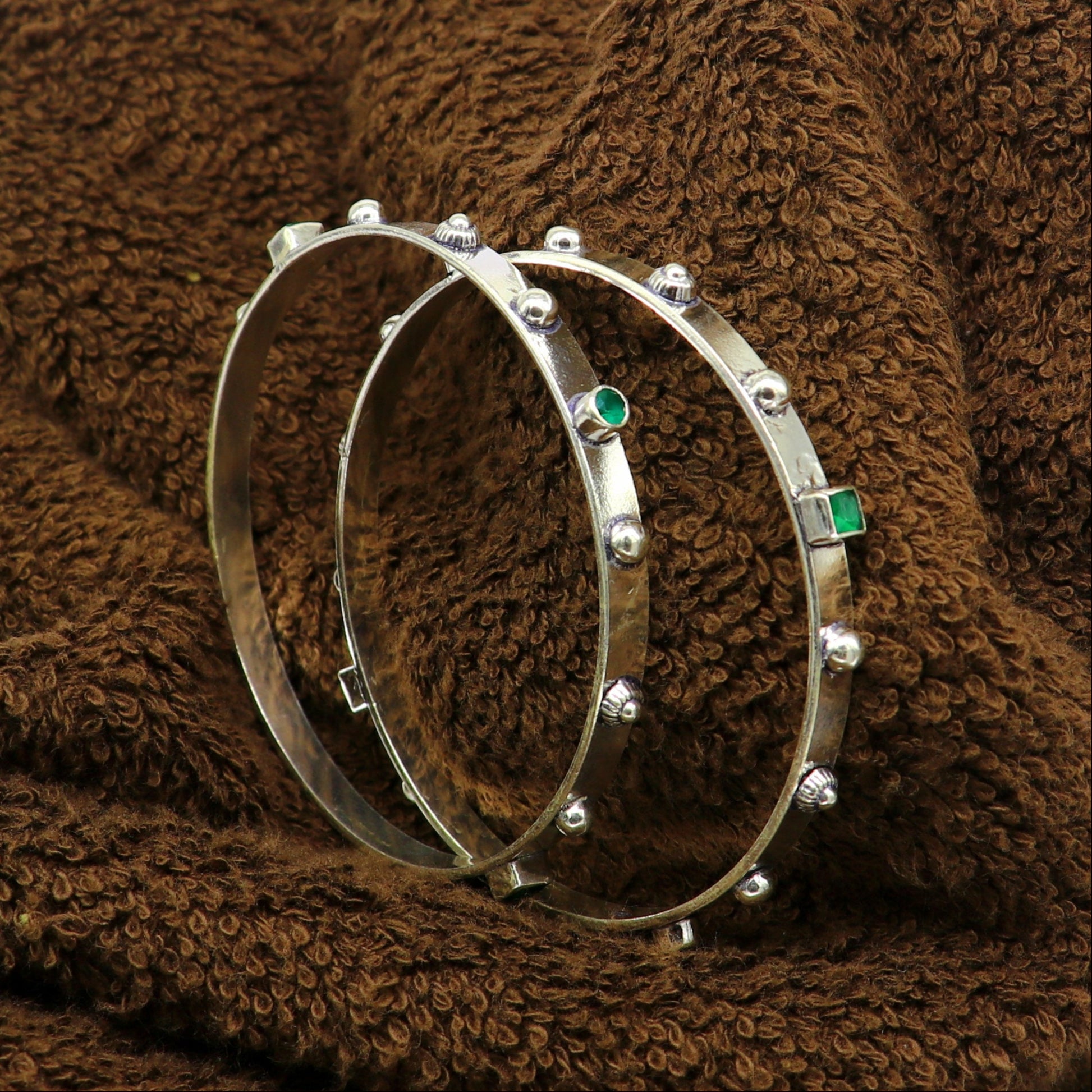 Amazing unique design handmade 925 sterling silver plain design green gemstone bangles bracelet, tribal stylish fancy jewelry nba117 - TRIBAL ORNAMENTS