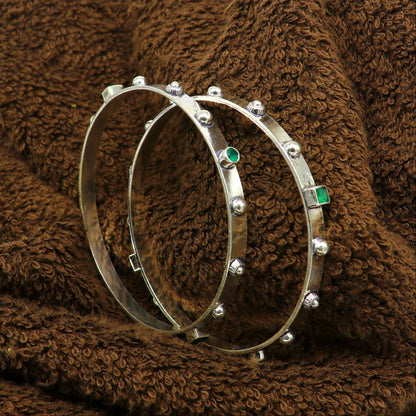 Sterling silver green gemstone bangles bracelet with plain design, tribal stylish jewelry by TRIBAL ORNAMENTS.