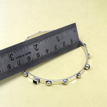 Sterling silver green gemstone bangles bracelet with tribal stylish design, handmade jewelry by TRIBAL ORNAMENTS.