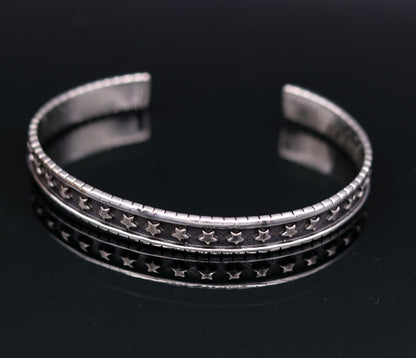 Vintage 925 sterling silver cuff bangle bracelet with antique design, adjustable, unisex, personalized jewelry by Tribal Ornaments.