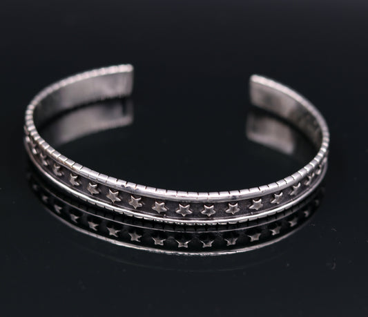 Vintage 925 sterling silver cuff bangle bracelet with antique design, adjustable, unisex, personalized jewelry by Tribal Ornaments.
