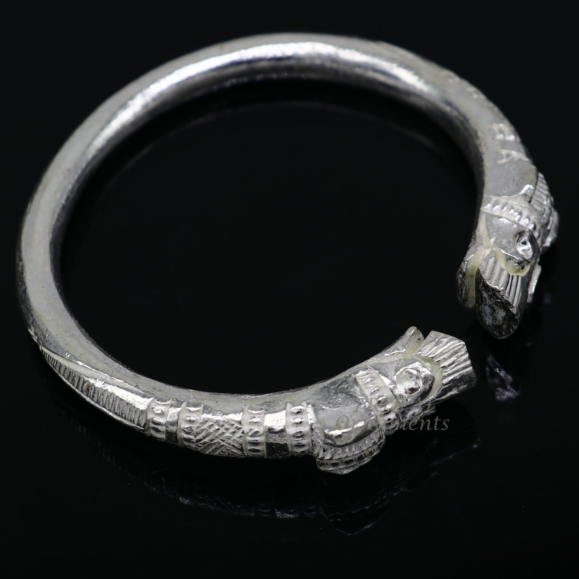 Solid silver crocodile design bangle cuff bracelet by Tribal Ornaments, unisex jewelry with adjustable fit, vintage style.