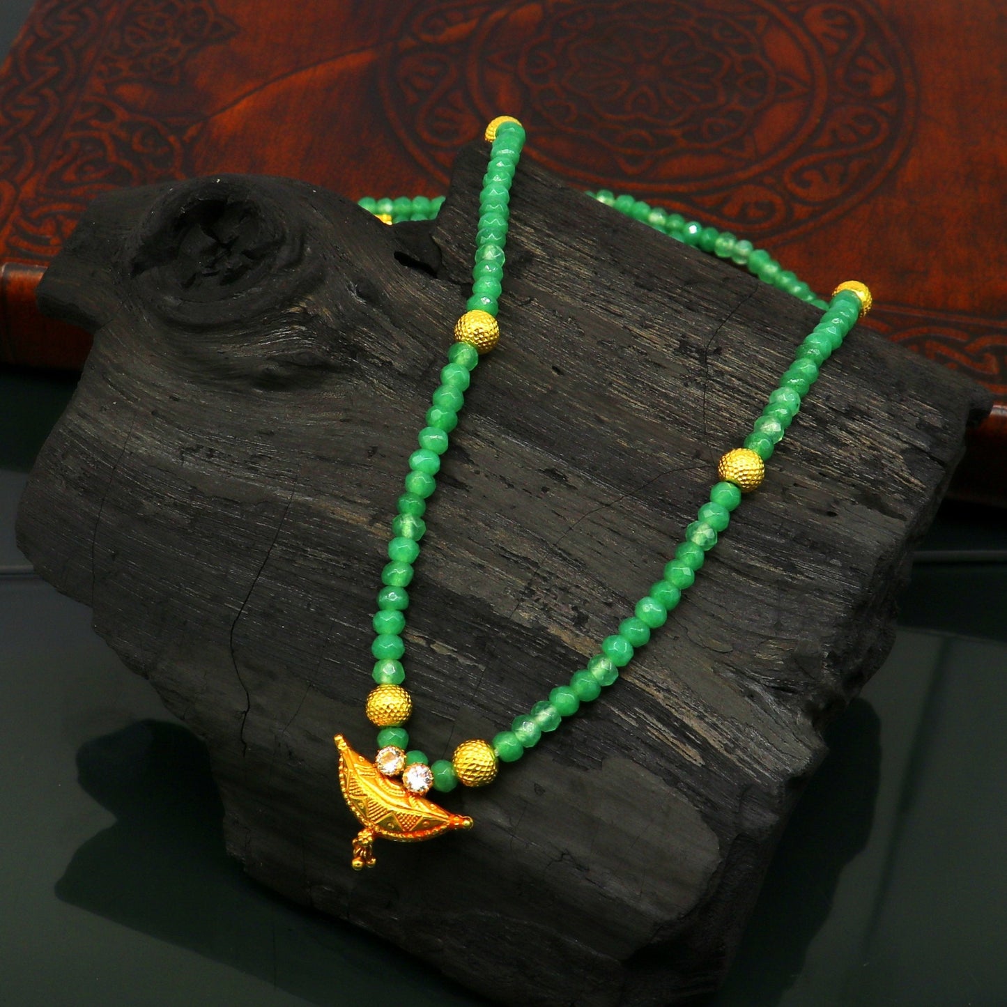 Amazing vintage style 20kt yellow gold amulet pendant with green faceted beaded necklace, fabulous girl's gift fancy tribal jewelry ap03 - TRIBAL ORNAMENTS