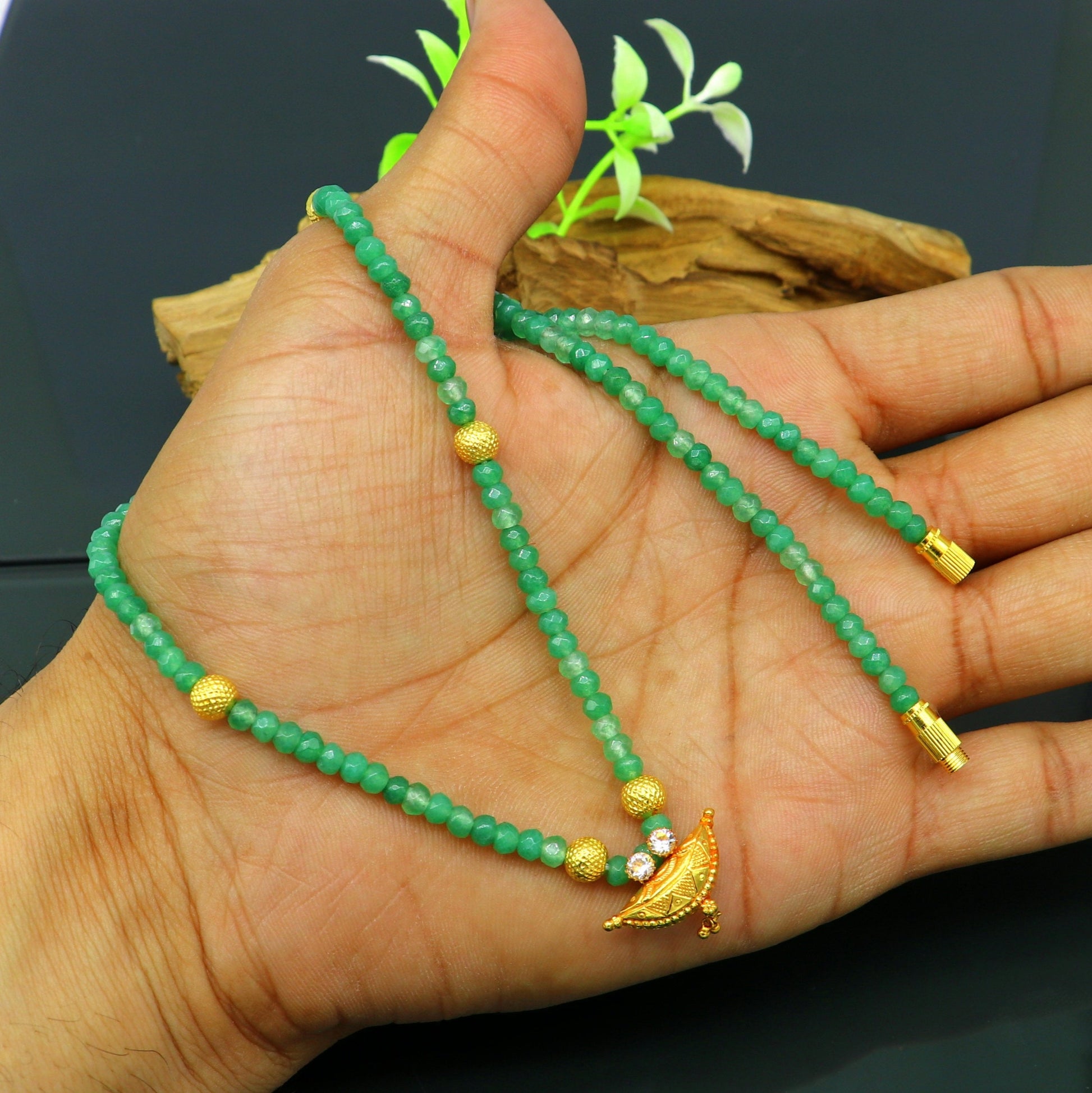 Amazing vintage style 20kt yellow gold amulet pendant with green faceted beaded necklace, fabulous girl's gift fancy tribal jewelry ap03 - TRIBAL ORNAMENTS