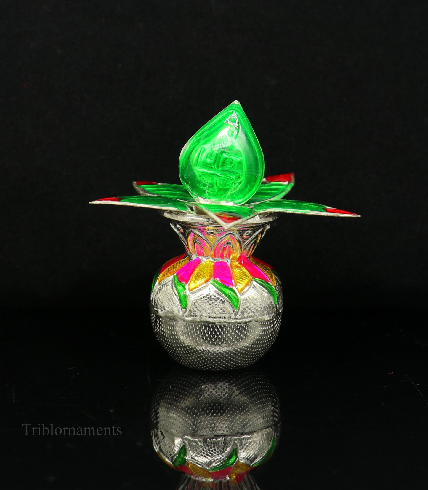 Handmade sterling silver puja kalash with leaf design, ideal for home temple worship and traditional puja rituals.