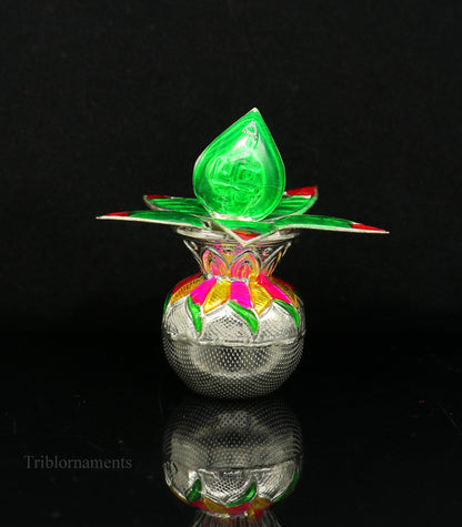 Handmade sterling silver puja kalash with leaf design, ideal for home temple worship and traditional puja rituals.
