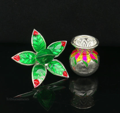 Handmade sterling silver puja kalash with leaf design, ideal for home temple worship and traditional puja rituals.
