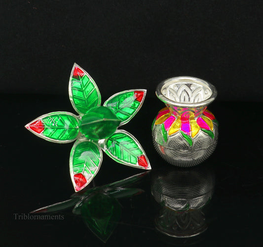 Handmade sterling silver puja kalash with leaf design, ideal for home temple worship and traditional puja rituals.