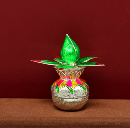 Handmade sterling silver puja kalash with leaf design from Tribal Ornaments, ideal for home temple worship and puja rituals.
