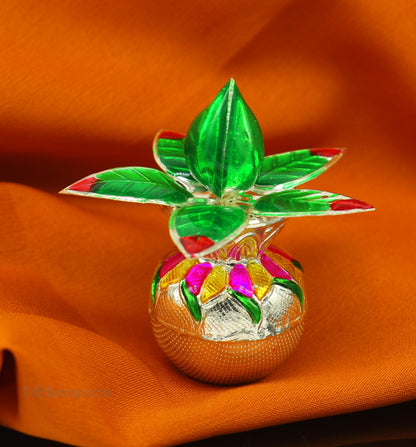 Solid sterling silver handmade puja kalash with leaf for home temple, crafted by Tribal Ornaments, ideal for worship and puja rituals.