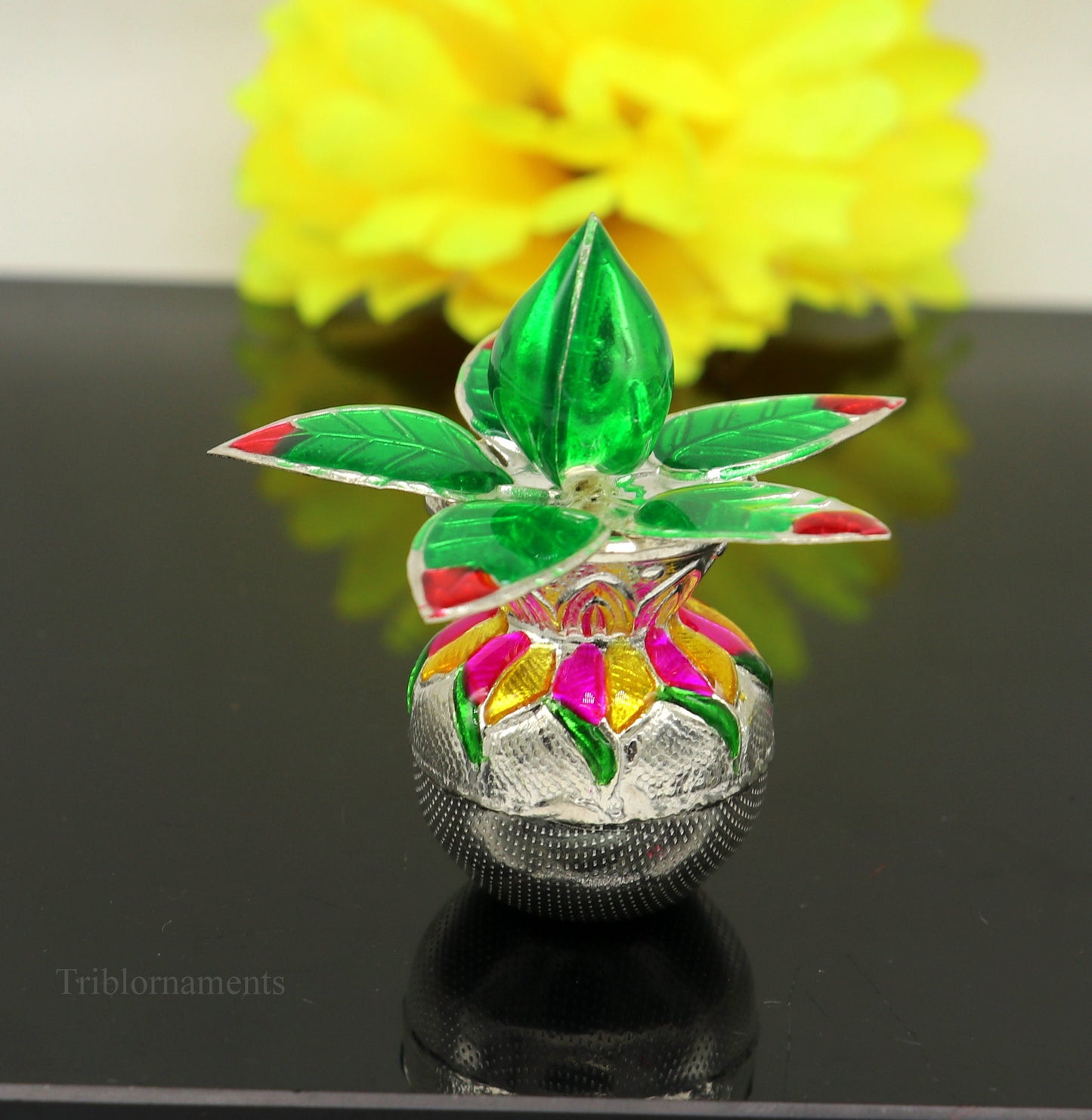 Solid sterling silver handmade worshipping puja kalash with leaf design, ideal for home temple puja utensils by TRIBAL ORNAMENTS.