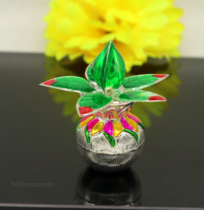 Solid sterling silver handmade worshipping puja kalash with leaf design, ideal for home temple puja utensils by TRIBAL ORNAMENTS.