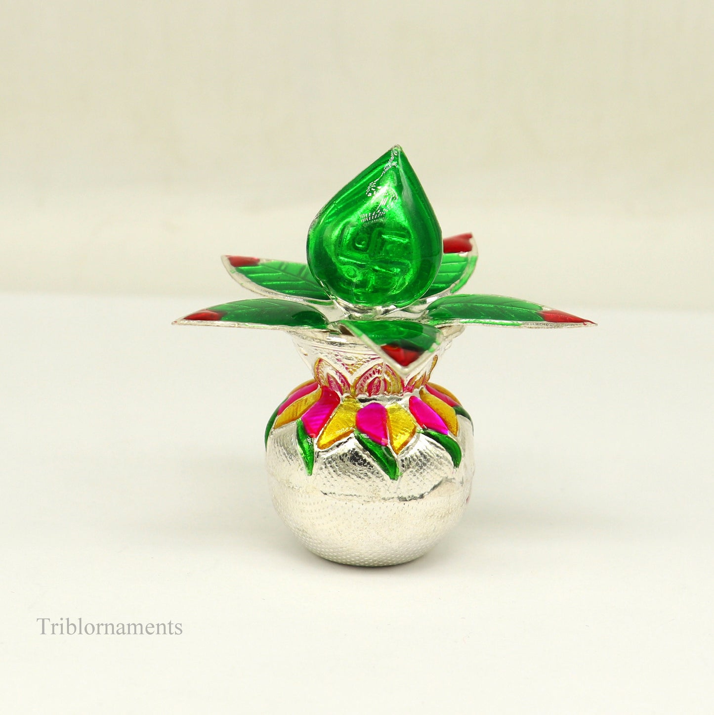 Handmade sterling silver puja kalash with leaf, tribal ornaments for home temple worship, traditional puja utensil.
