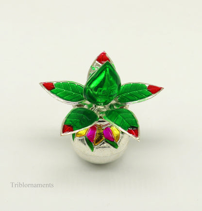 Solid sterling silver handmade puja kalash with leaf, ideal for home temple worship, crafted by Tribal Ornaments.