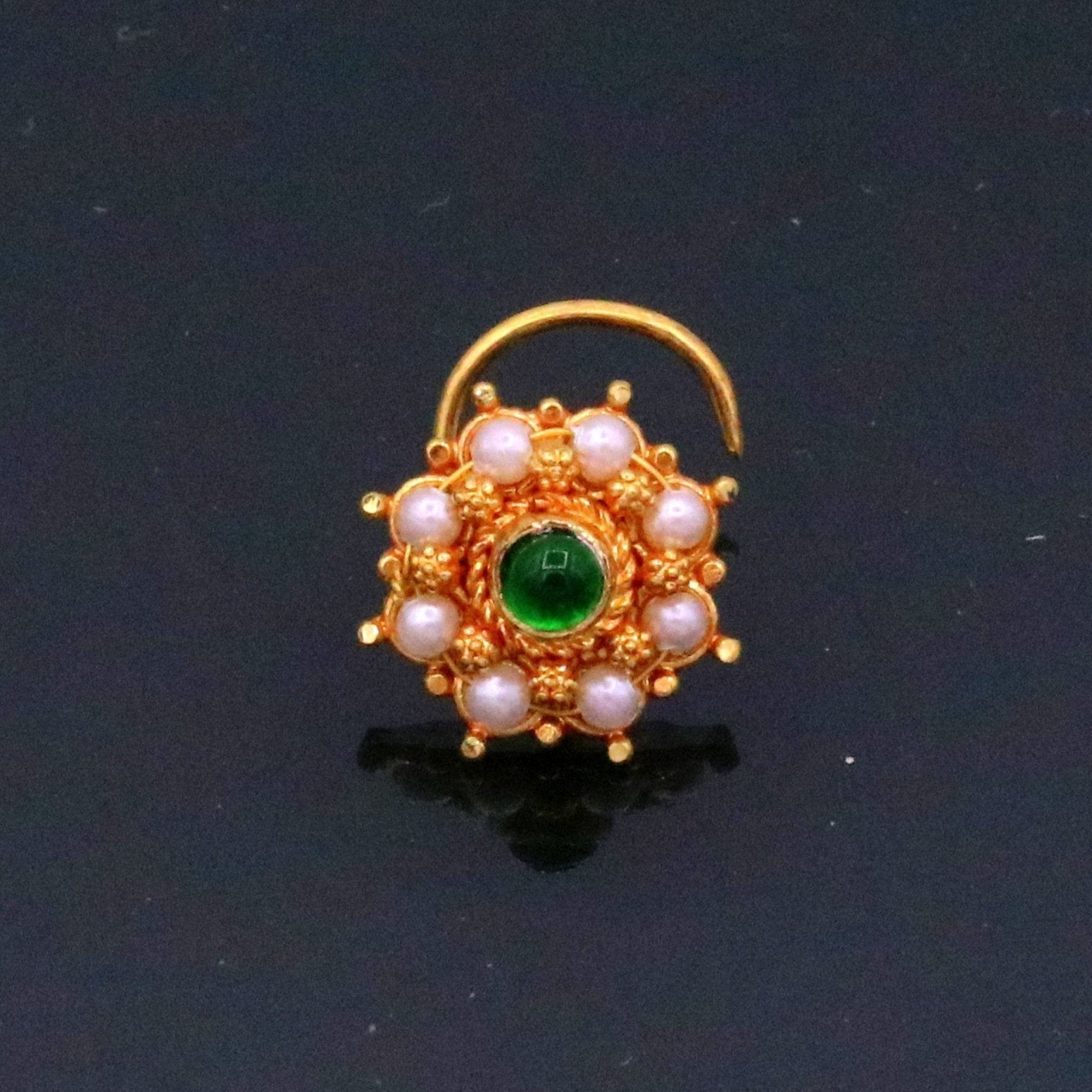 Antique design handmade gorgeous 20kt ct  yellow gold awesome nose pin stud with gorgeous pearl and green onyx stone gnp14 - TRIBAL ORNAMENTS