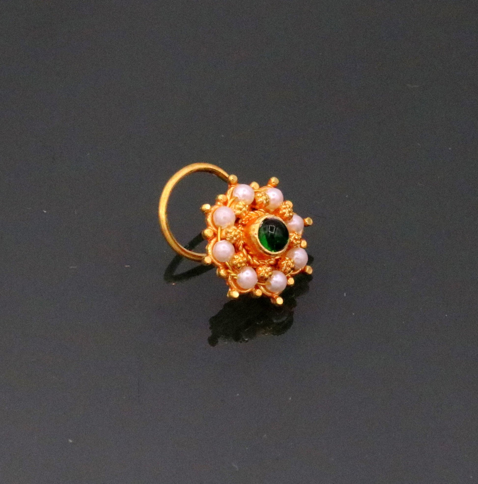 Antique design handmade gorgeous 20kt ct  yellow gold awesome nose pin stud with gorgeous pearl and green onyx stone gnp14 - TRIBAL ORNAMENTS