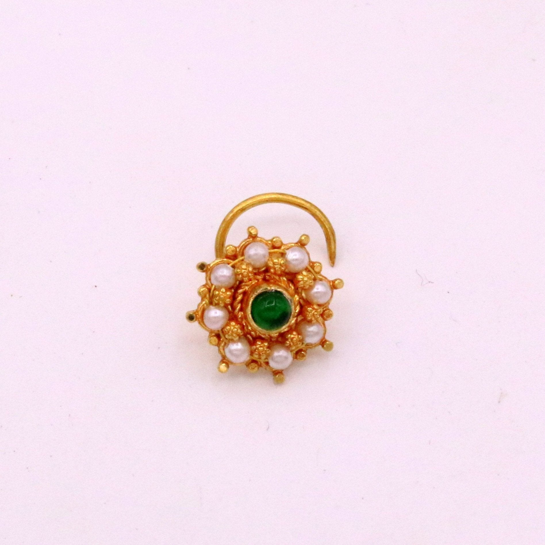 Antique design handmade gorgeous 20kt ct  yellow gold awesome nose pin stud with gorgeous pearl and green onyx stone gnp14 - TRIBAL ORNAMENTS