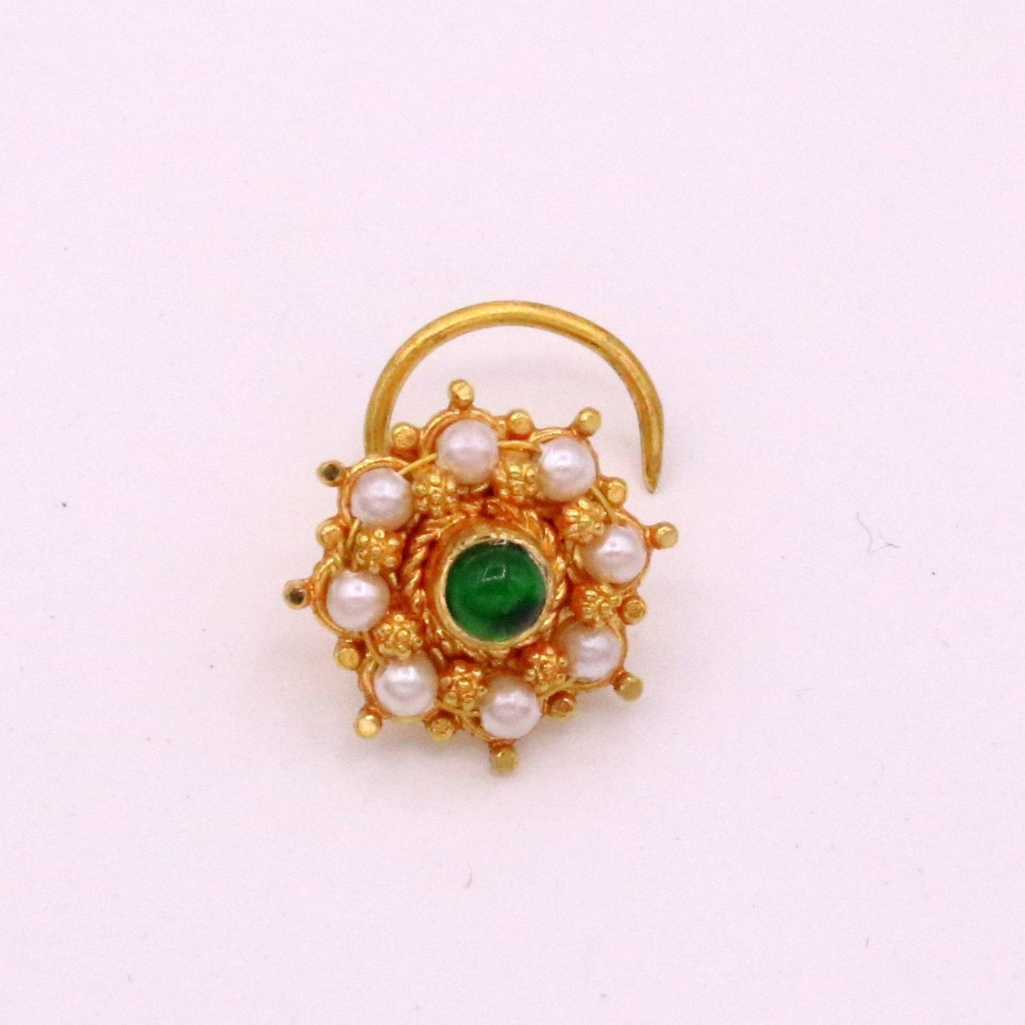 Antique design handmade gorgeous 20kt ct  yellow gold awesome nose pin stud with gorgeous pearl and green onyx stone gnp14 - TRIBAL ORNAMENTS