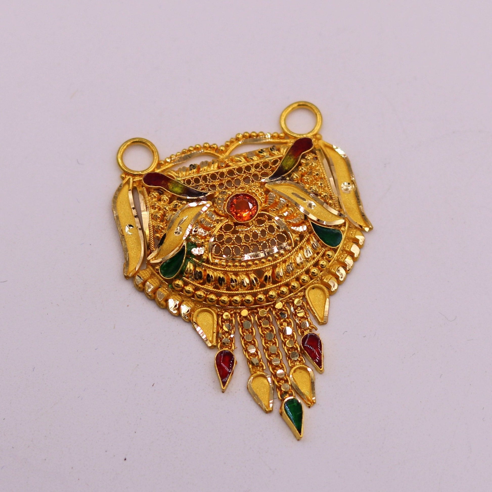 Antique desing Genuine certified 22kt yellow gold filigree work meenakari pendant necklace traditional art of indian tribal jewelry gp15 - TRIBAL ORNAMENTS