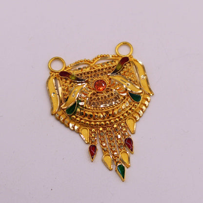Antique 22kt yellow gold Meenakari pendant with intricate filigree work, traditional Indian tribal jewelry design.