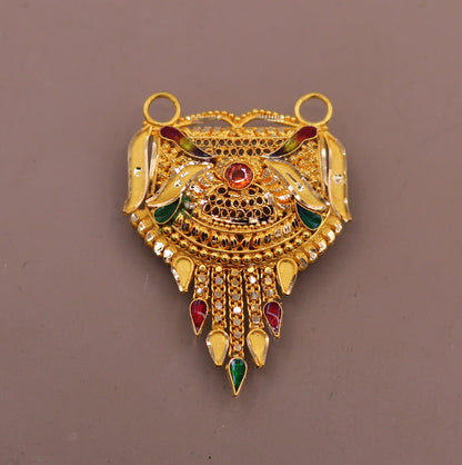 Antique 22KT yellow gold filigree Meenakari pendant with traditional Indian tribal design, crafted by TRIBAL ORNAMENTS.