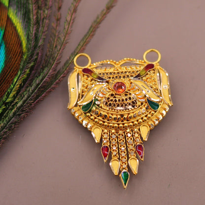 Antique 22K yellow gold filigree Meenakari pendant with traditional Indian tribal design, authentic handcrafted jewelry.