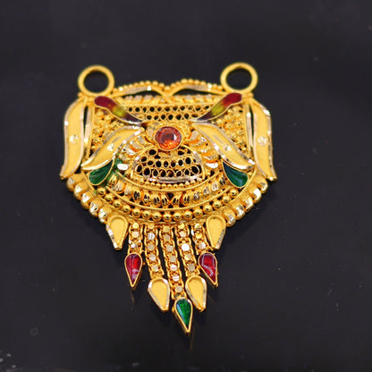 Antique 22KT yellow gold filigree Meenakari pendant with traditional Indian tribal design, crafted by TRIBAL ORNAMENTS.