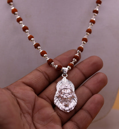 Handmade 925 sterling silver Lord Vishnu Avtar Narishma pendant with natural Rudraksha beads on a treble necklace jewelry set.