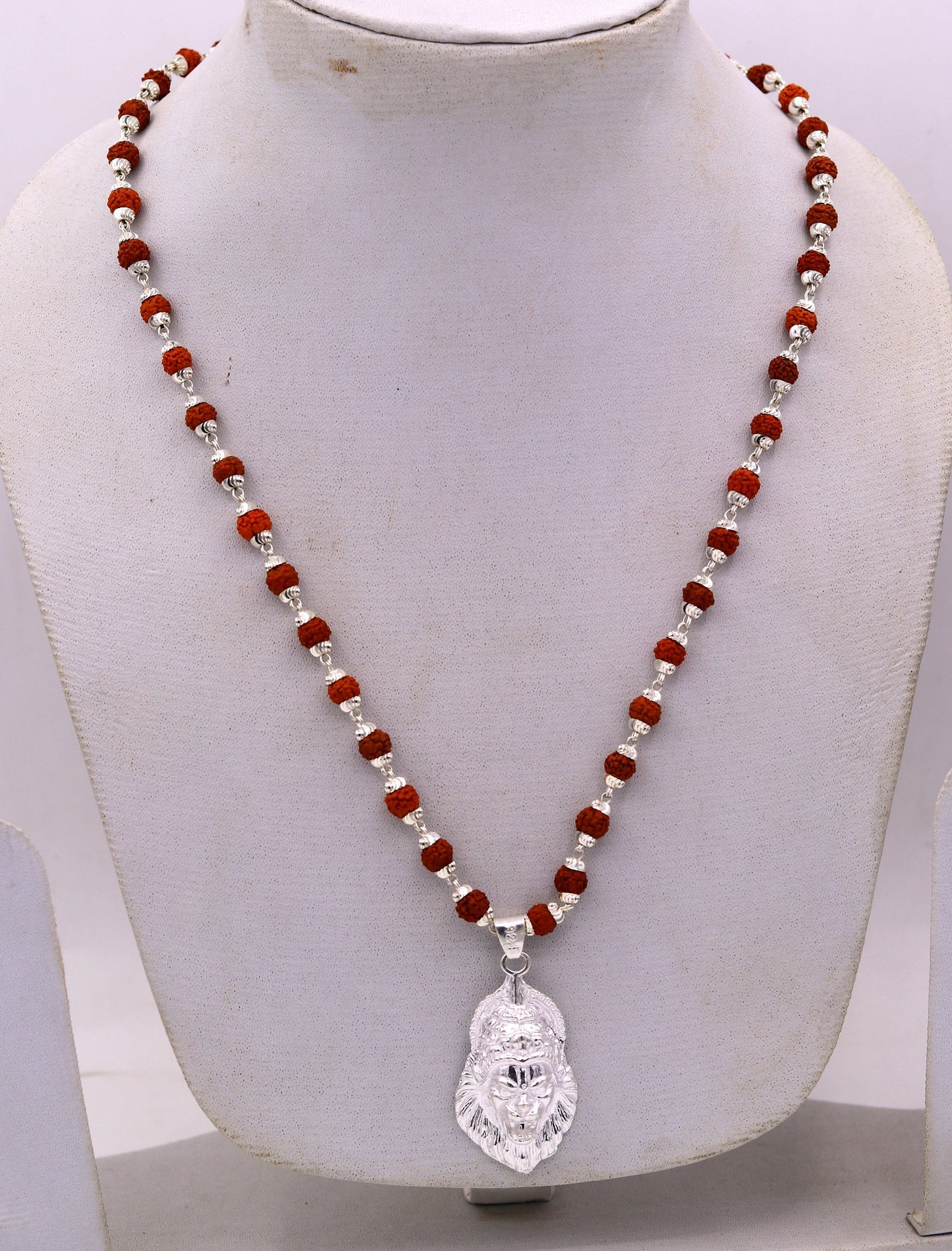 Antique style handmade 925 sterling silver Lord Vishnu avtar narsimha pendant natural Rudraksha beads treble necklace jewelry set37 - TRIBAL ORNAMENTS