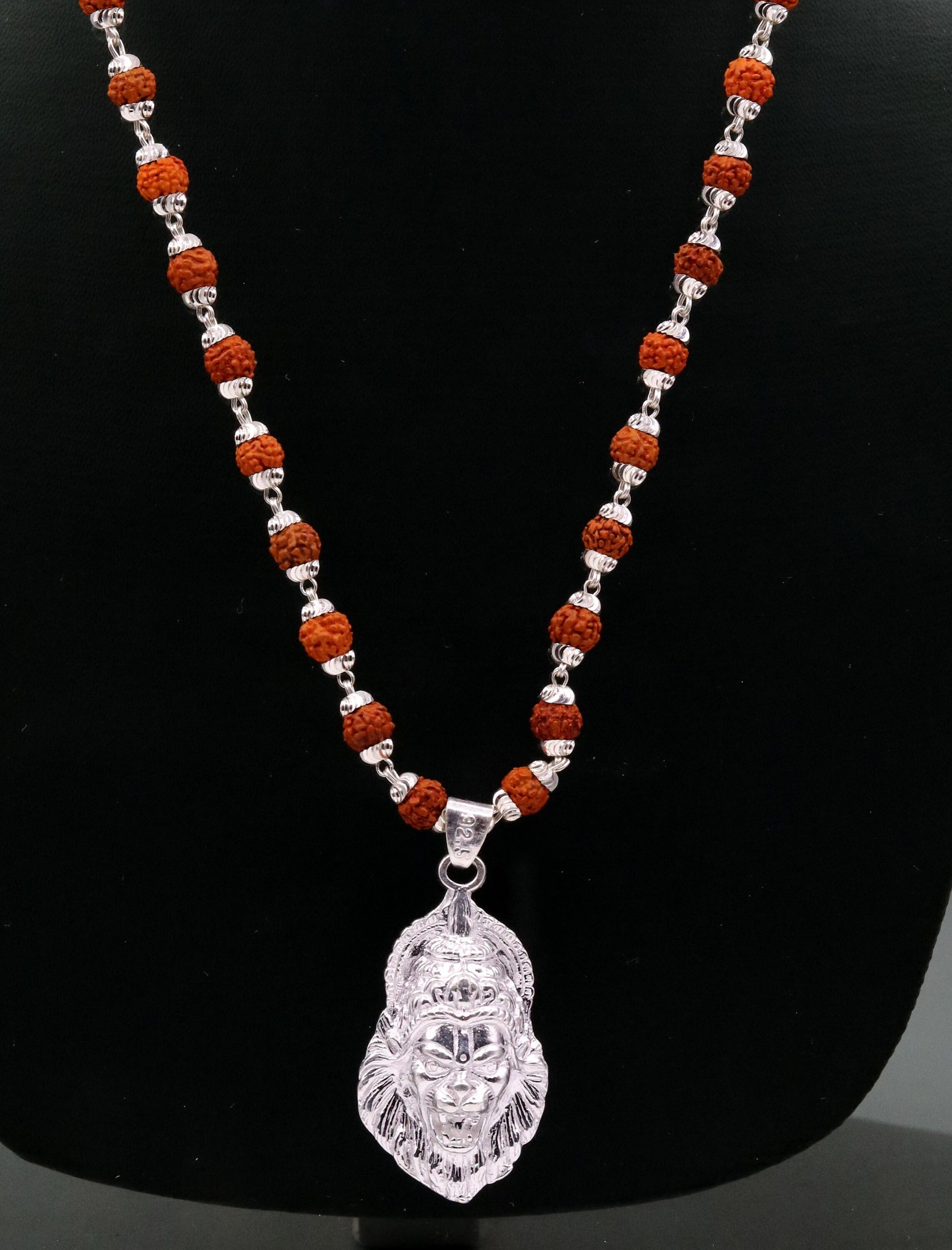 Antique style handmade 925 sterling silver Lord Vishnu avtar narsimha pendant natural Rudraksha beads treble necklace jewelry set37 - TRIBAL ORNAMENTS