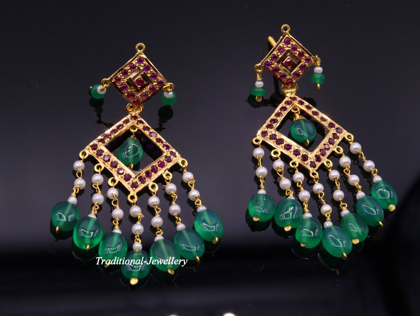 Authentic 22kt yellow gold handmade jadau earring dangling fabulous wedding anniversary gifting jewelry from rajasthan India - TRIBAL ORNAMENTS