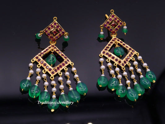 Authentic 22kt yellow gold handmade jadau earring dangling fabulous wedding anniversary gifting jewelry from rajasthan India - TRIBAL ORNAMENTS