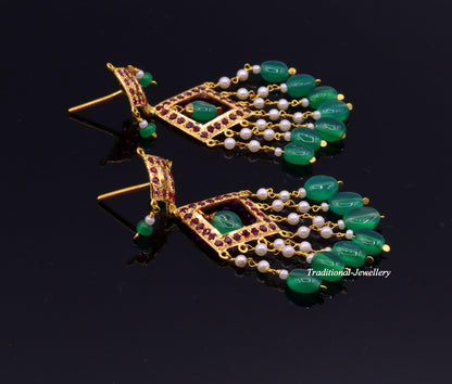 Authentic 22kt yellow gold handmade jadau earring dangling fabulous wedding anniversary gifting jewelry from rajasthan India - TRIBAL ORNAMENTS